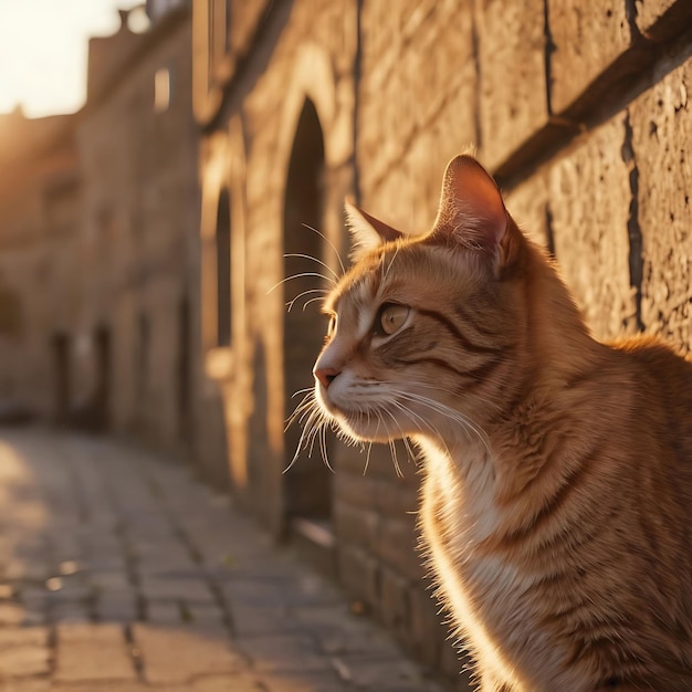 a cat is sitting on a cobblestone street in the sun