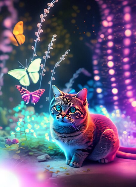 A cat is sitting in a colorful glow garden The cat is looking for species and glow lights