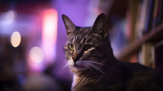 A cat is sitting on a couch with a purple background.