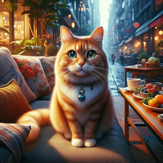 a cat is sitting on a couch with a table and a bowl of fruit