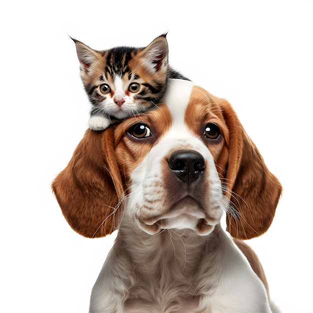 A cat is sitting on a dog's head.