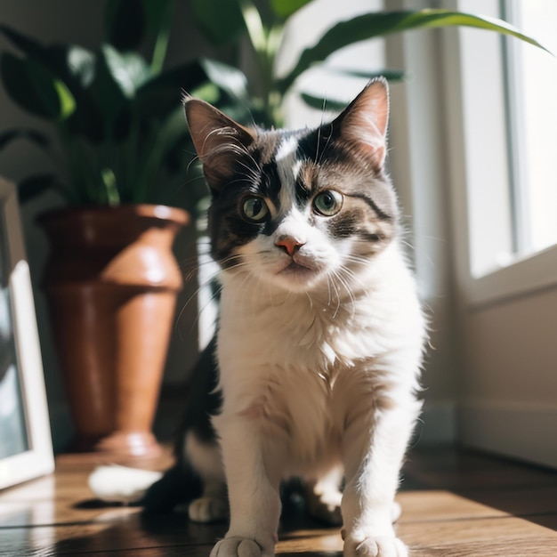 a cat is sitting on the floor in front of a potted plant