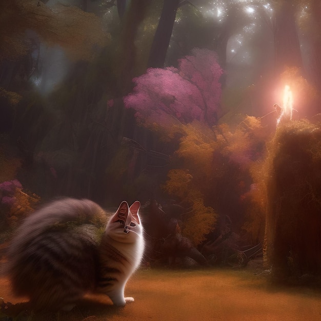 A cat is sitting in a forest with a light on the ground.