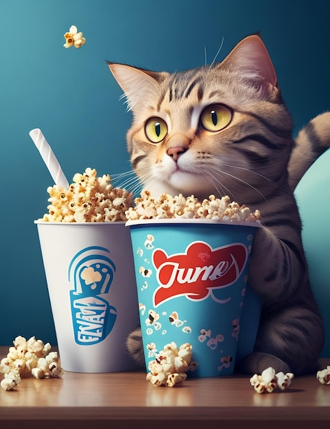 Photo a cat is sitting in front of a cup of popcorn ai generated