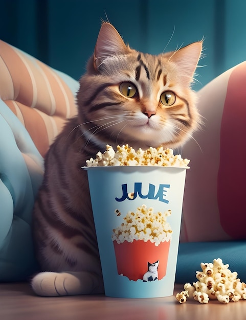 Photo a cat is sitting in front of a cup of popcorn ai generated