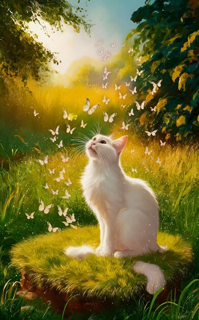 A cat is sitting in front of a flower and the cat is looking up at the butterfly