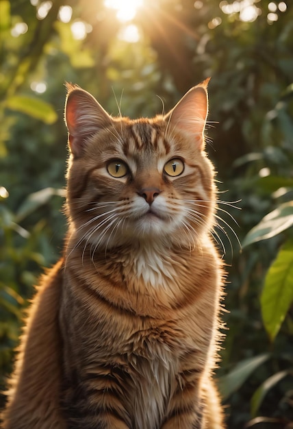 a cat is sitting in front of a tree with the sun shining through it