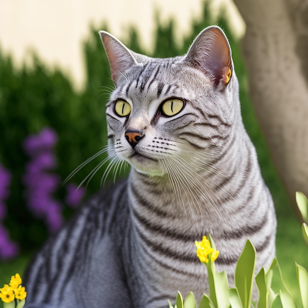 A cat is sitting in a garden with yellow flowers.