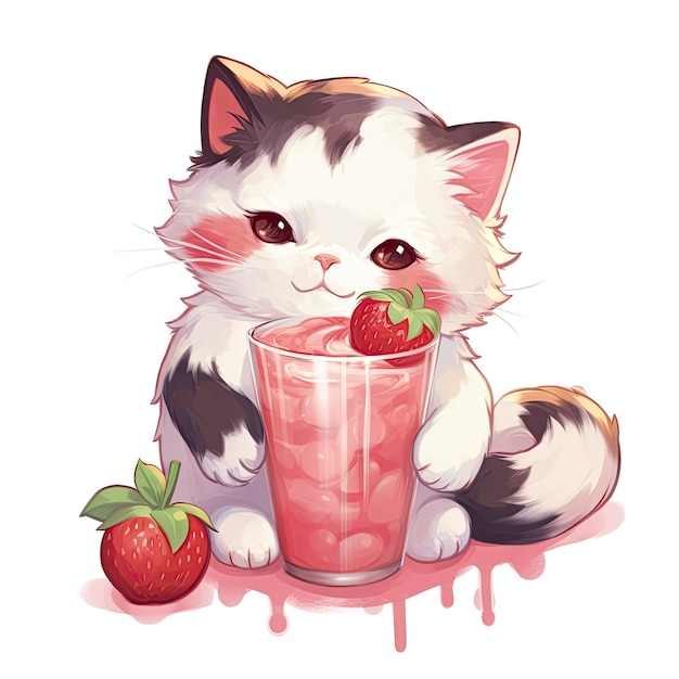 A cat is sitting next to a glass of strawberry smoothie.