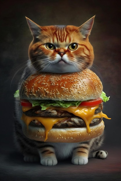 A cat is sitting on a hamburger that has cheese on it.