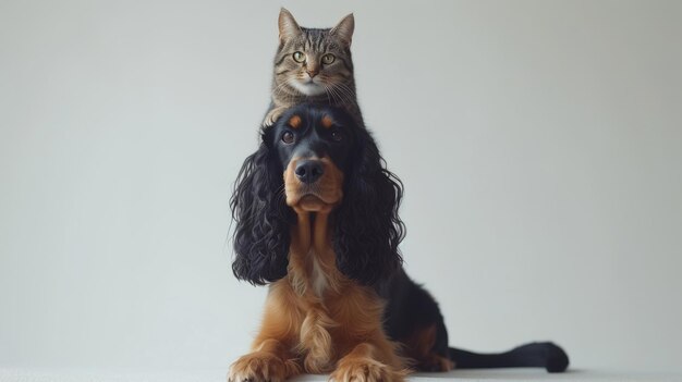 A cat is sitting on the head of a dog