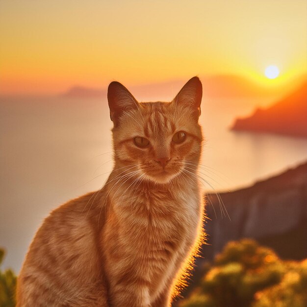 Foto un gatto è seduto su una collina e guarda il tramonto