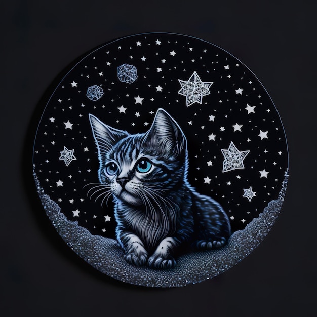 A cat is sitting on a moon with stars on it.