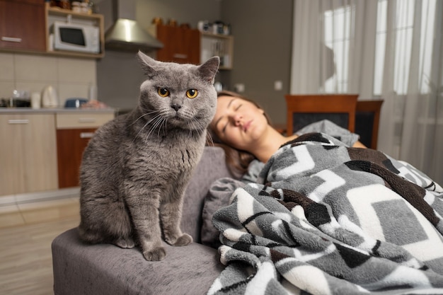 cat is sitting near sleeping girl