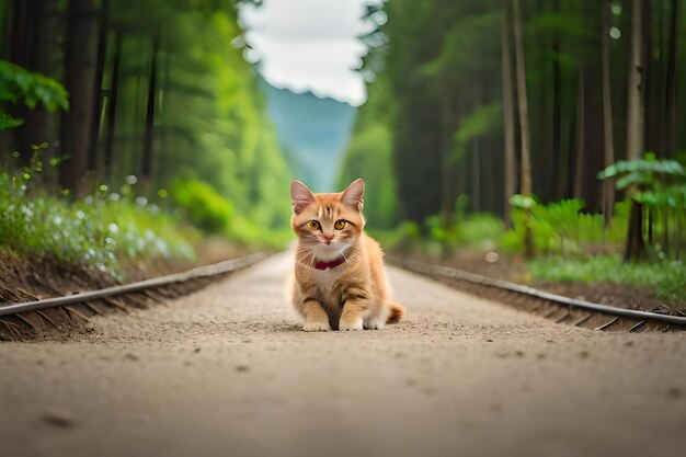 A cat is sitting on a path in a forest