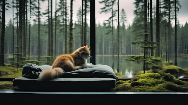 a cat is sitting on a pillow in front of a window