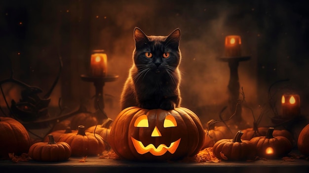 Cat is sitting on a pumpkin lamp