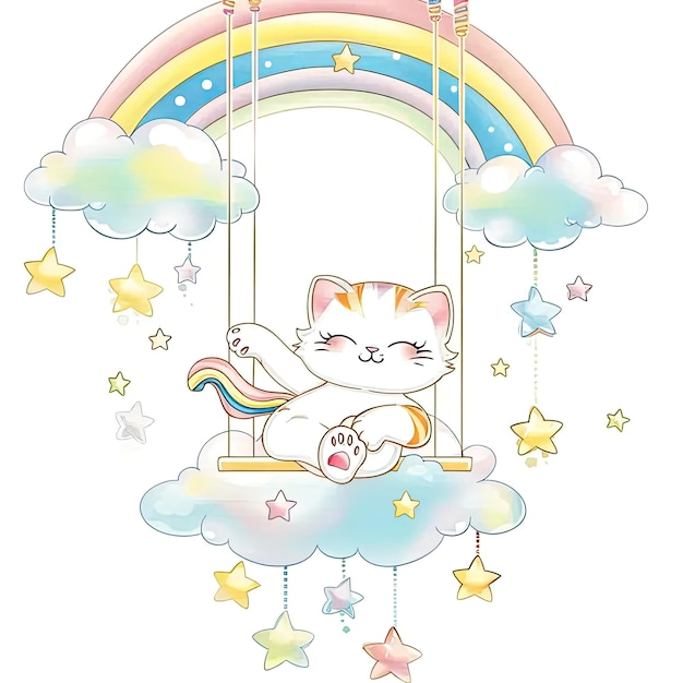 猫が虹のスイングに座っている
