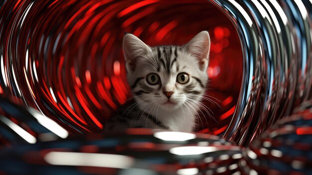 A cat is sitting in a red and black tunnel ai