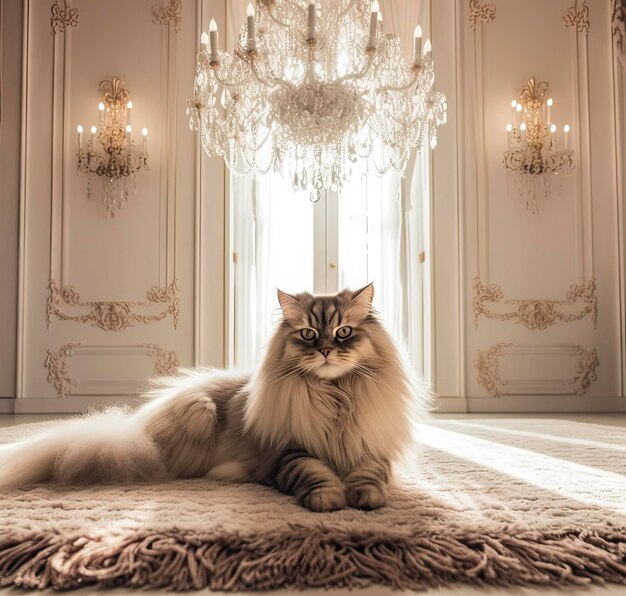 A cat is sitting on a rug in front of a chandelier.