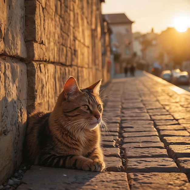 a cat is sitting on a sidewalk in front of a wall