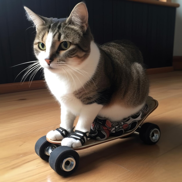 A cat is sitting on a skateboard