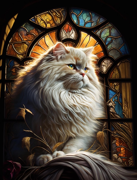 A cat is sitting on a stained glass window.