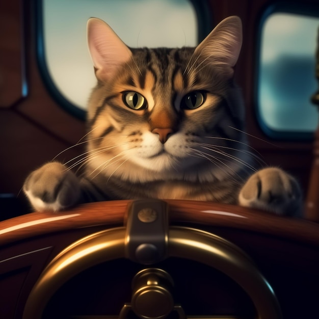 A cat is sitting behind a steering wheel and is looking at the camera.