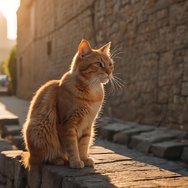 a cat is sitting on a stone wall and looking at the camera