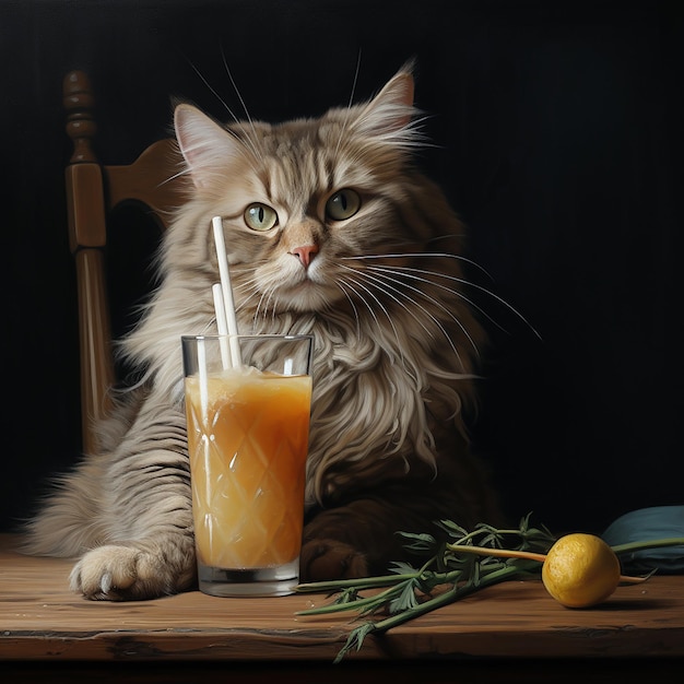 Photo a cat is sitting on a table next to a cup of straw