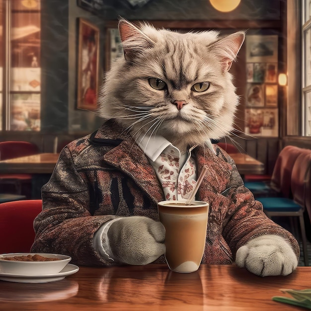 A cat is sitting at a table with a cup of coffee.