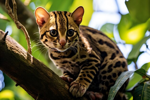 a cat is sitting in a tree looking at the camera