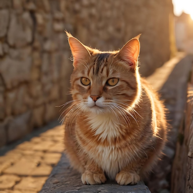 a cat is sitting on a wall in the sun