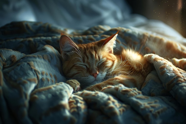 A cat is sleeping on a bed next to a person