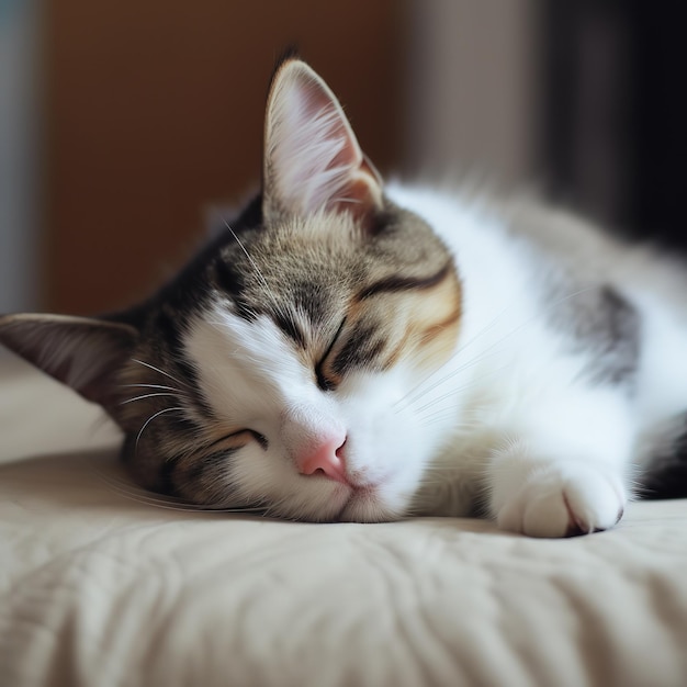 Кошка спит на кровати с бело-коричневым одеялом.