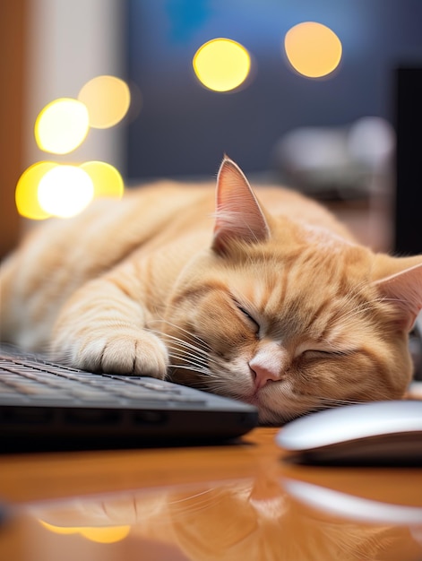고양이가 배경의 불빛으로 노트북에서 잠을 자고 있습니다.