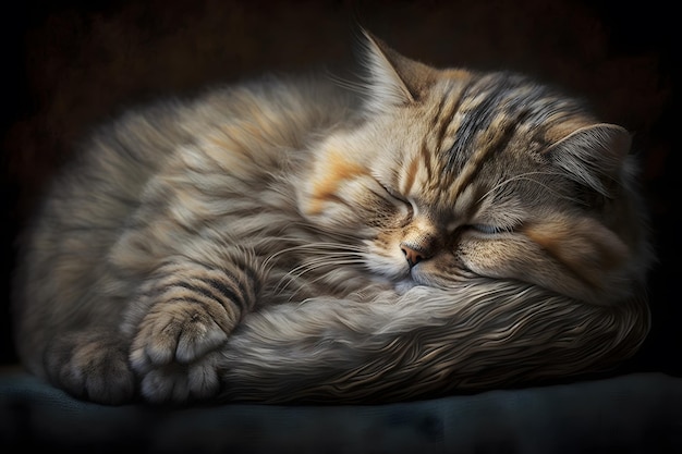 A cat is sleeping on a table with its eyes closed.