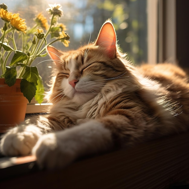 猫が窓際で花を背景に眠っている