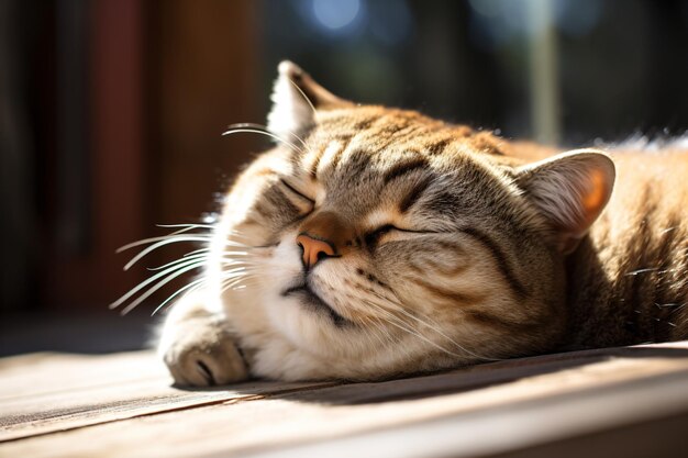 a cat is sleeping on a wooden floor