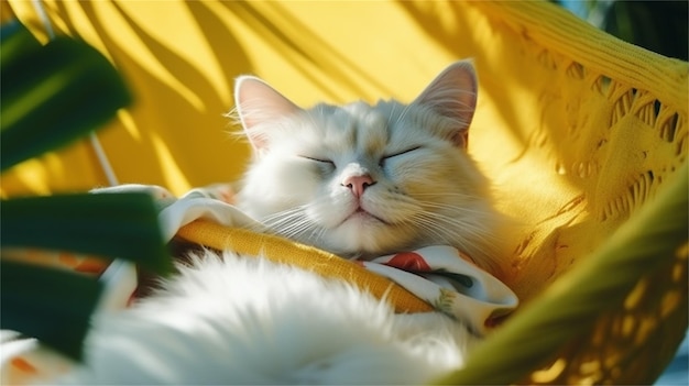 A cat is sleeping in a yellow tent