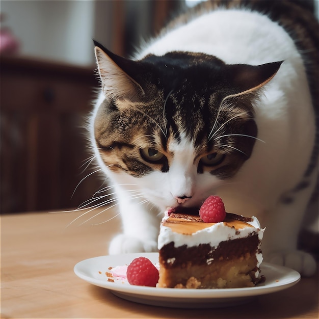 Кошка нюхает кусок торта на тарелке.