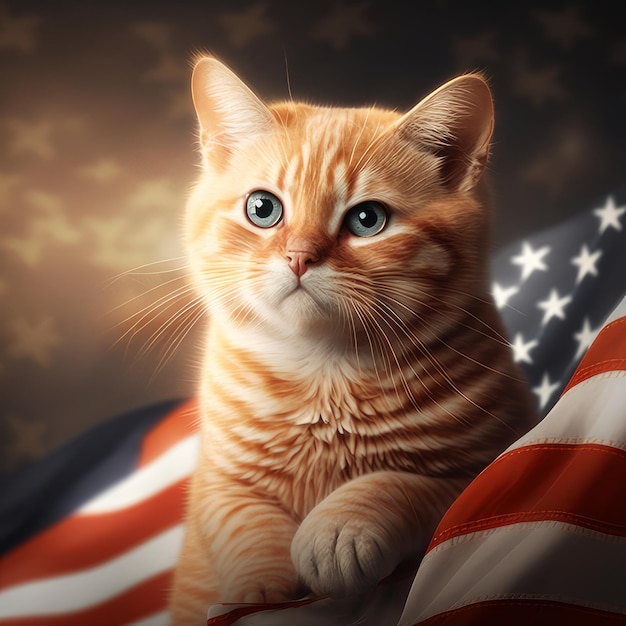 A cat is standing next to an american flag.