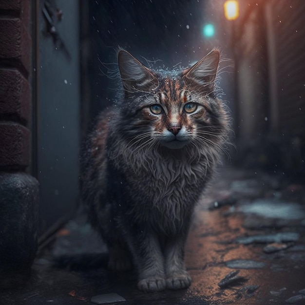 A cat is standing in a dark alley with a light on the bottom right.