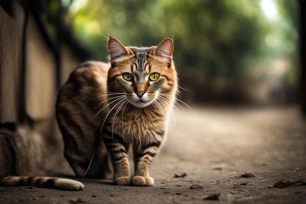 猫が泥道に立ってカメラを見ている