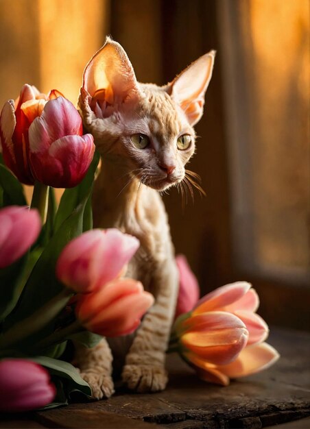 a cat is standing in front of some tulips