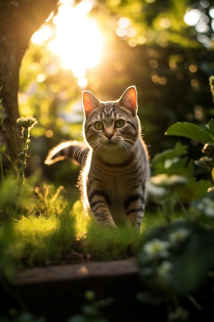 a cat is standing in the grass and looking at the camera.