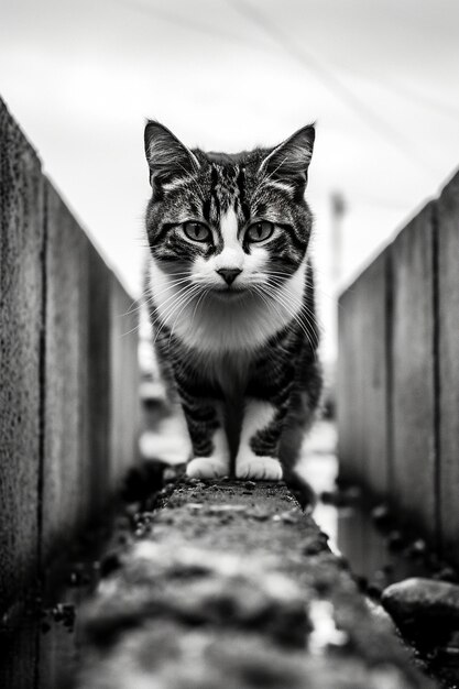 a cat is standing on a wooden plank.