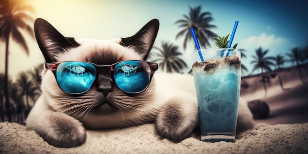 Кот находится на летних каникулах на морском курорте и отдыхает на летнем пляже Гавайев