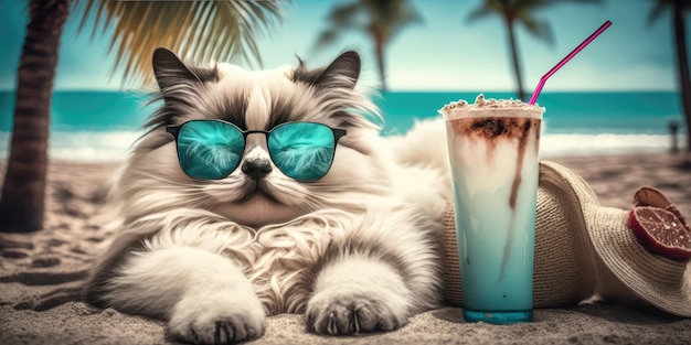 Cat is on summer vacation at seaside resort and relaxing rest on summer beach of Hawaii