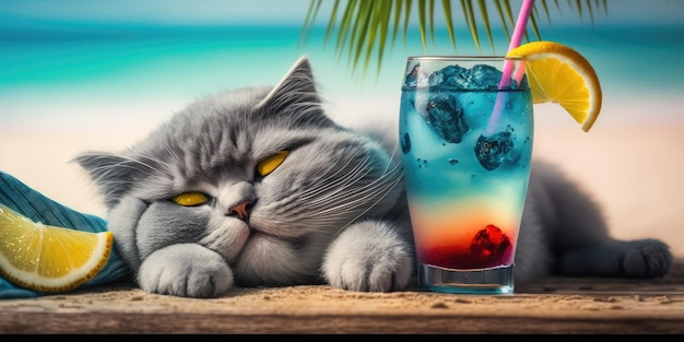 Cat is on summer vacation at seaside resort and relaxing rest on summer beach of Hawaii